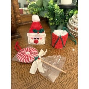 Set Vintage Plastic Canvas Christmas Ornaments – Handmade Santa, Drum & Lollipop